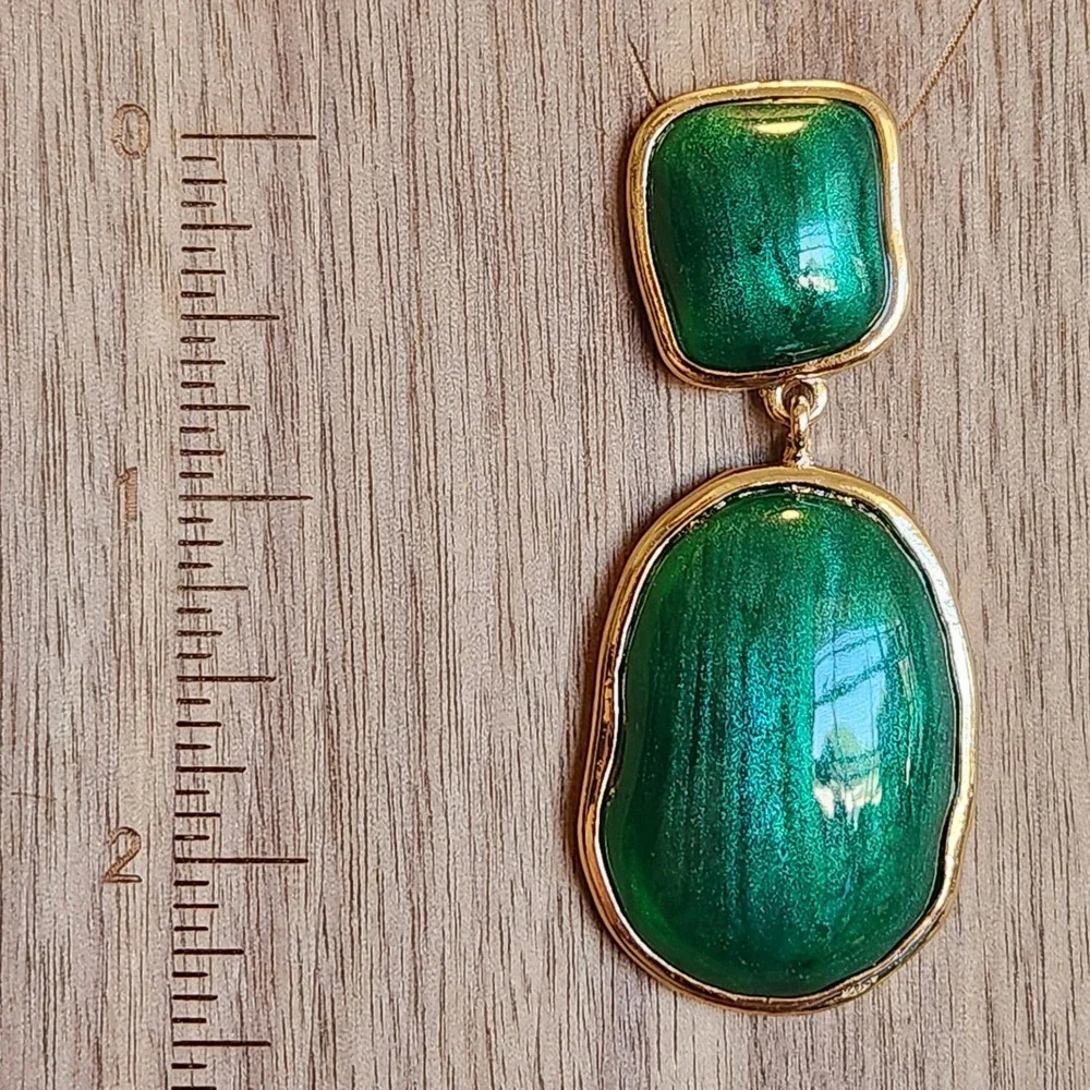 Emerald Green Gold Tone Marbled Resin Drop Statement Earrings Two Tier Dangle